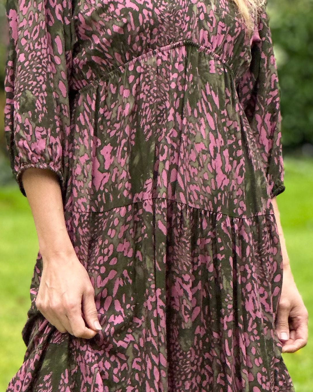clothing Abstract Print Tiered Maxi Dress - Pink/Khaki