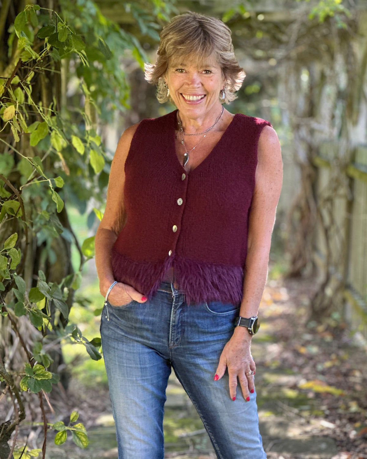 Clothing Alpaca Fur Trim Buttoned Tank Top - Burgundy