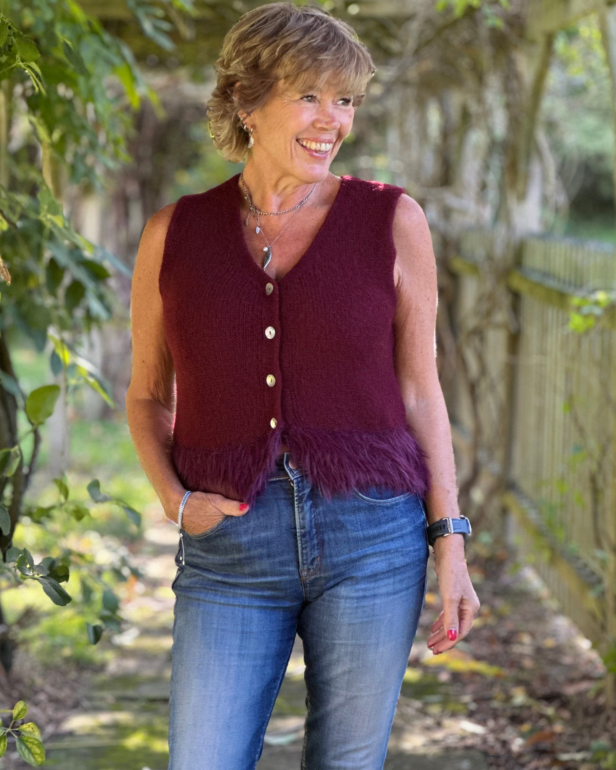 Clothing Alpaca Fur Trim Buttoned Tank Top - Burgundy