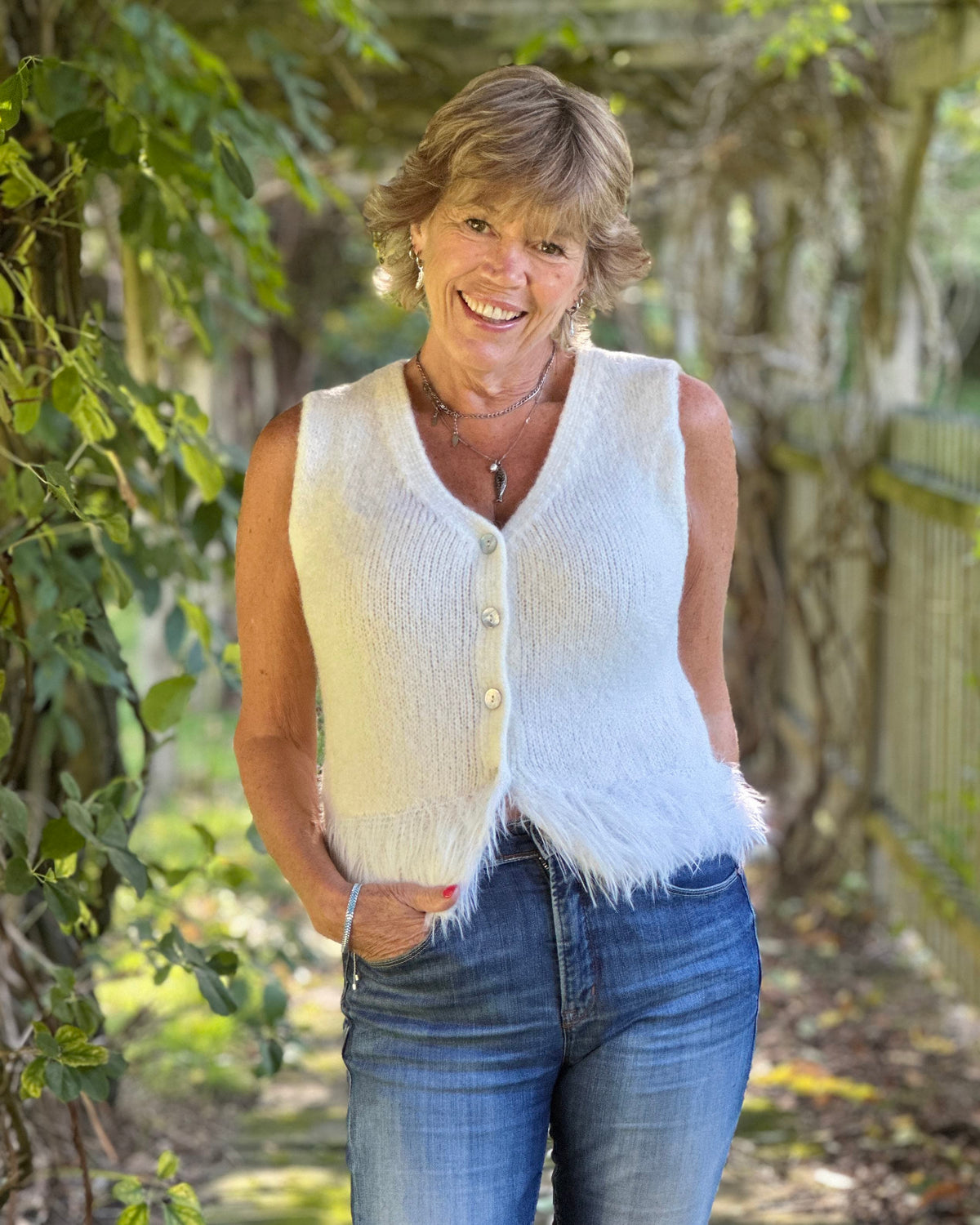 Clothing Alpaca Fur Trim Buttoned Tank Top - Cream