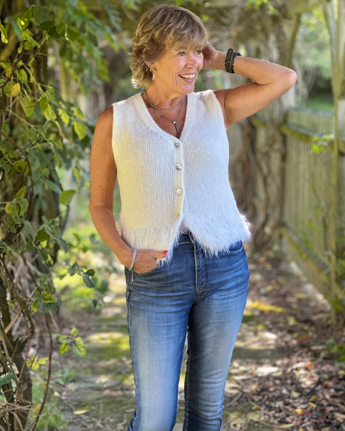 Clothing Alpaca Fur Trim Buttoned Tank Top - Cream