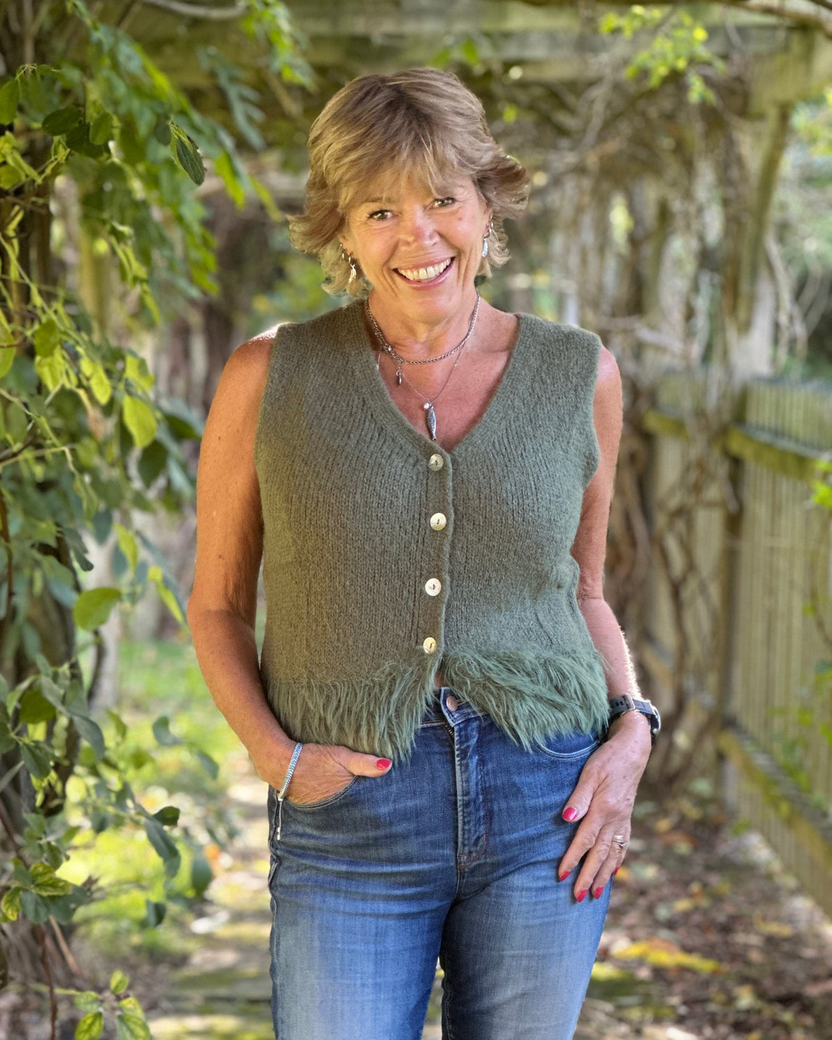 Clothing Alpaca Fur Trim Buttoned Tank Top - Khaki