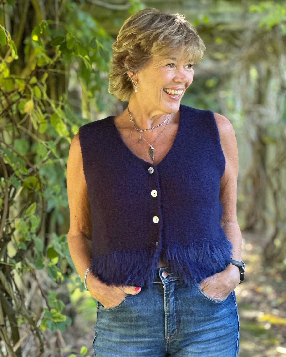 Clothing Alpaca Fur Trim Buttoned Tank Top - Navy