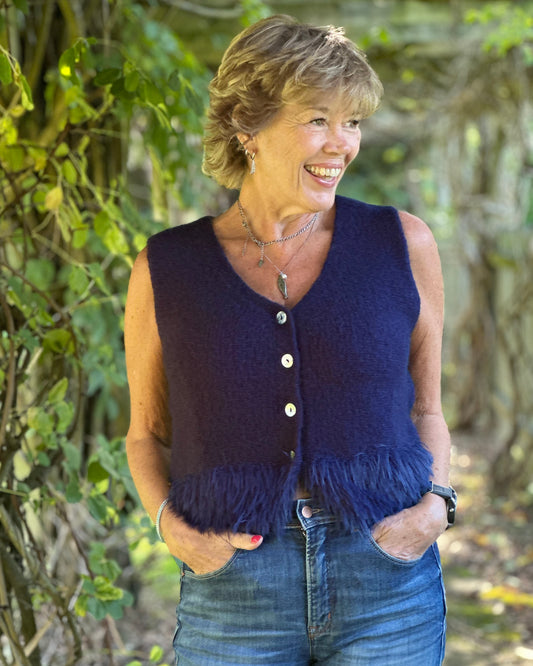 Clothing Alpaca Fur Trim Buttoned Tank Top - Navy