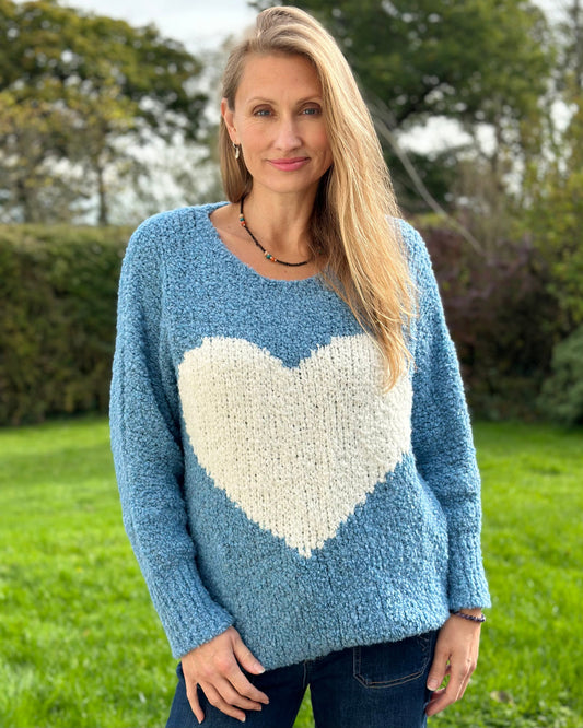 Clothing Alpaca Wool Mix Boucle Heart Jumper - Denim Blue