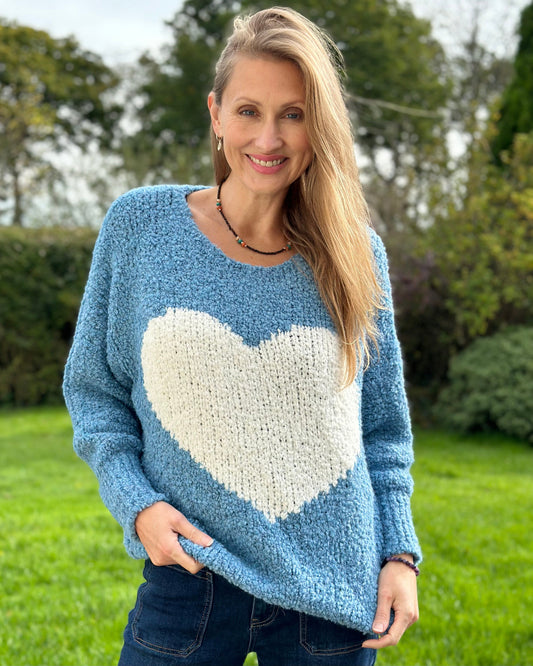 Clothing Alpaca Wool Mix Boucle Heart Jumper - Denim Blue