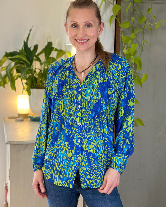 clothing Animal Print Ruched Front Blouse - Royal Blue/Lime