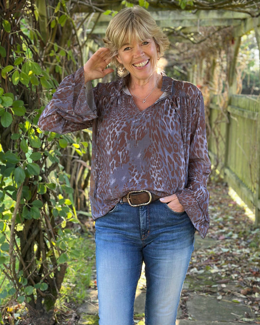 clothing Animal Print Spanish Sleeve Blouse - Grey/Brown