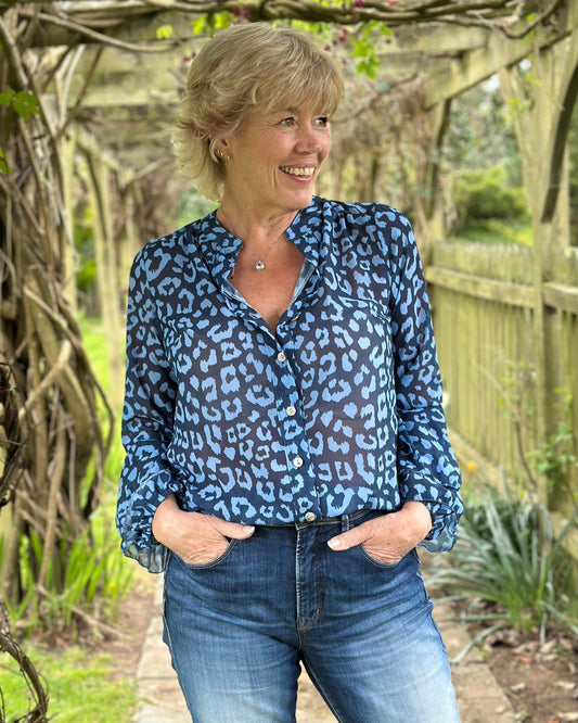 clothing Animal Print Spanish Sleeve Blouse - Navy