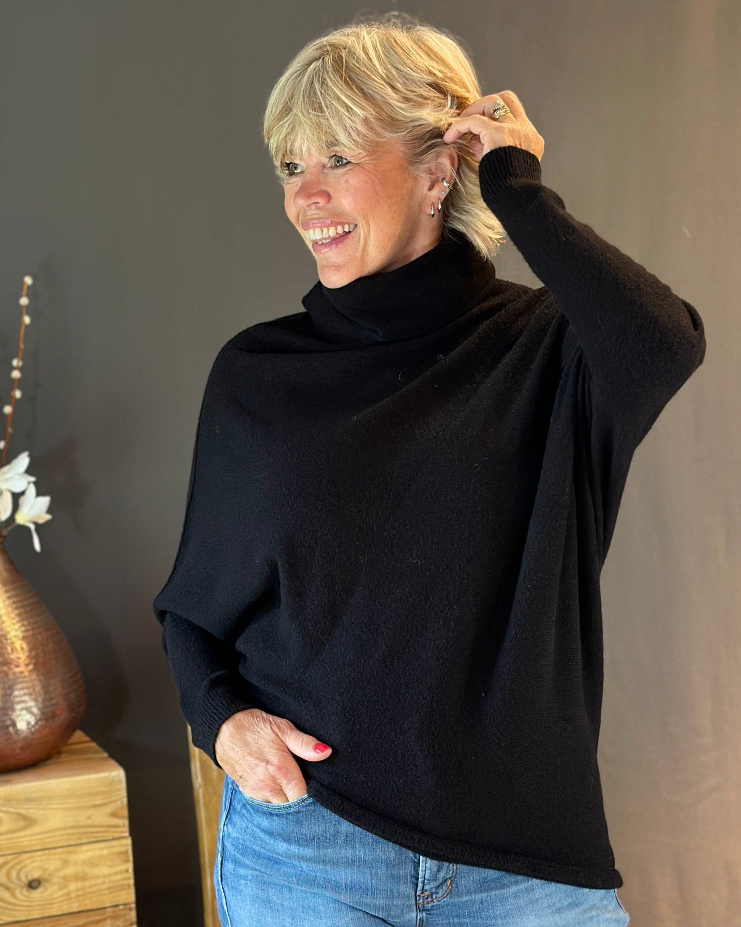 clothing Asymmetric Draped Roll Neck Jumper - Black