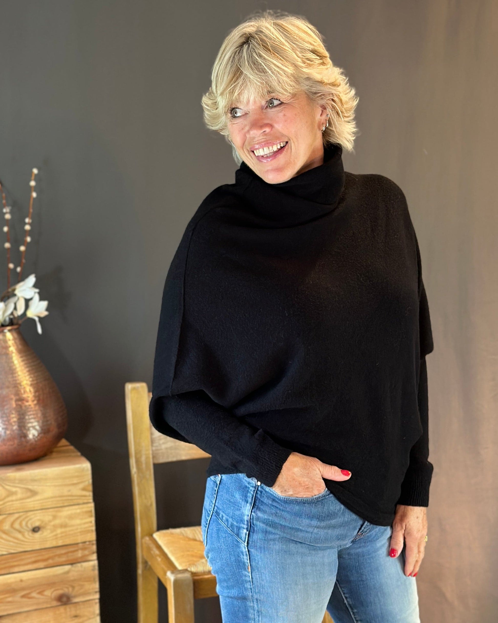 clothing Asymmetric Draped Roll Neck Jumper - Black