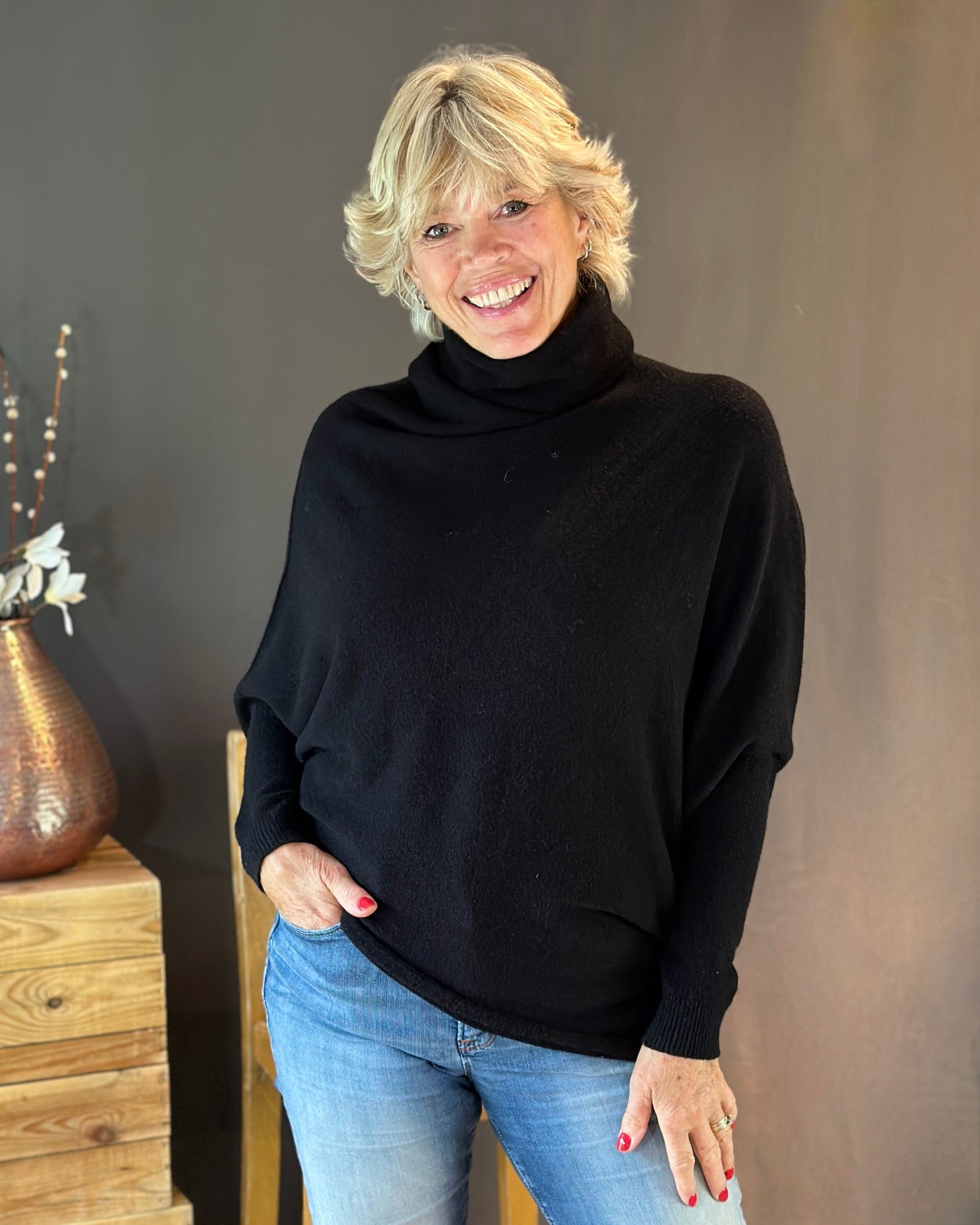 clothing Asymmetric Draped Roll Neck Jumper - Black