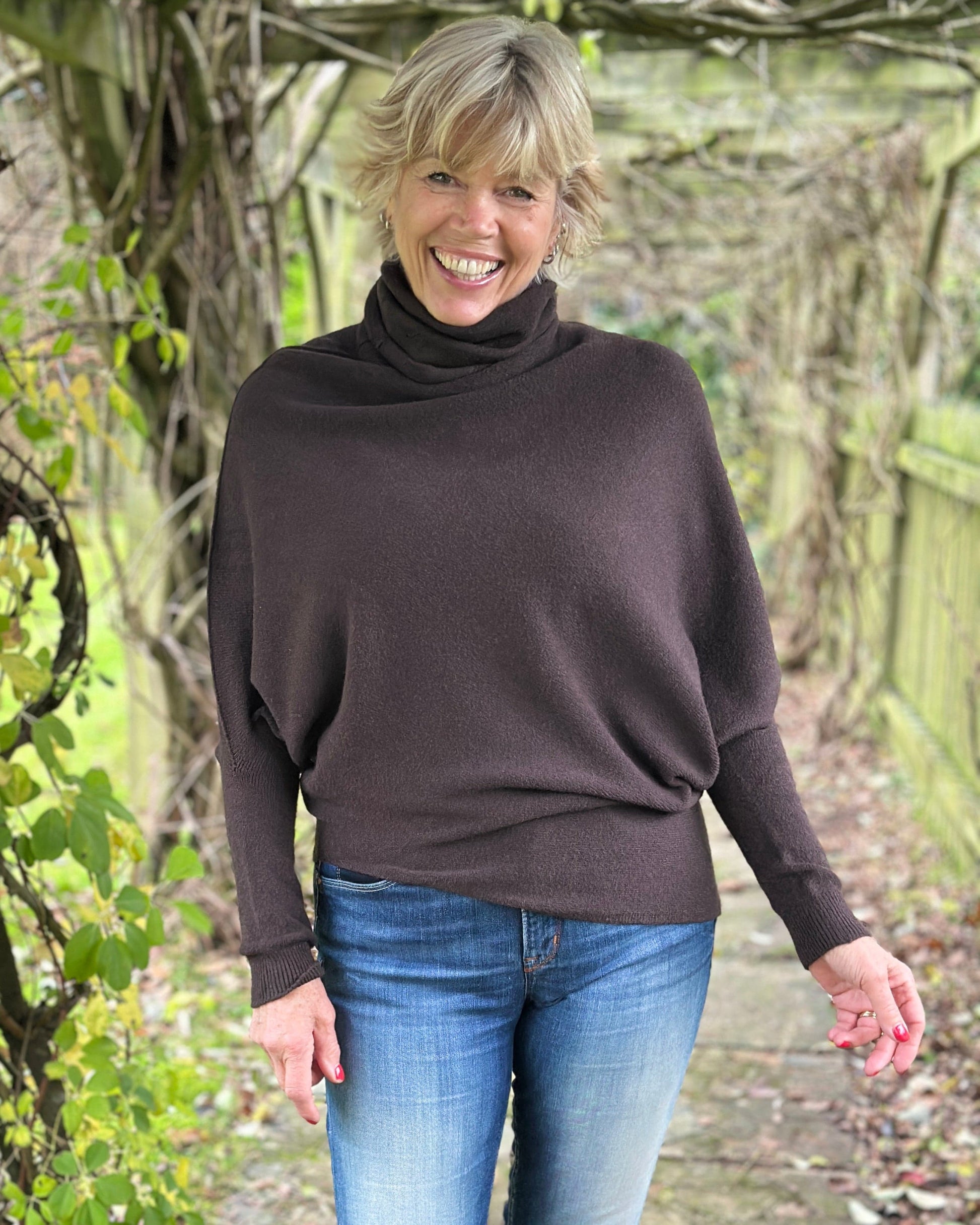 clothing Asymmetric Draped Roll Neck Jumper - Dark Chocolate