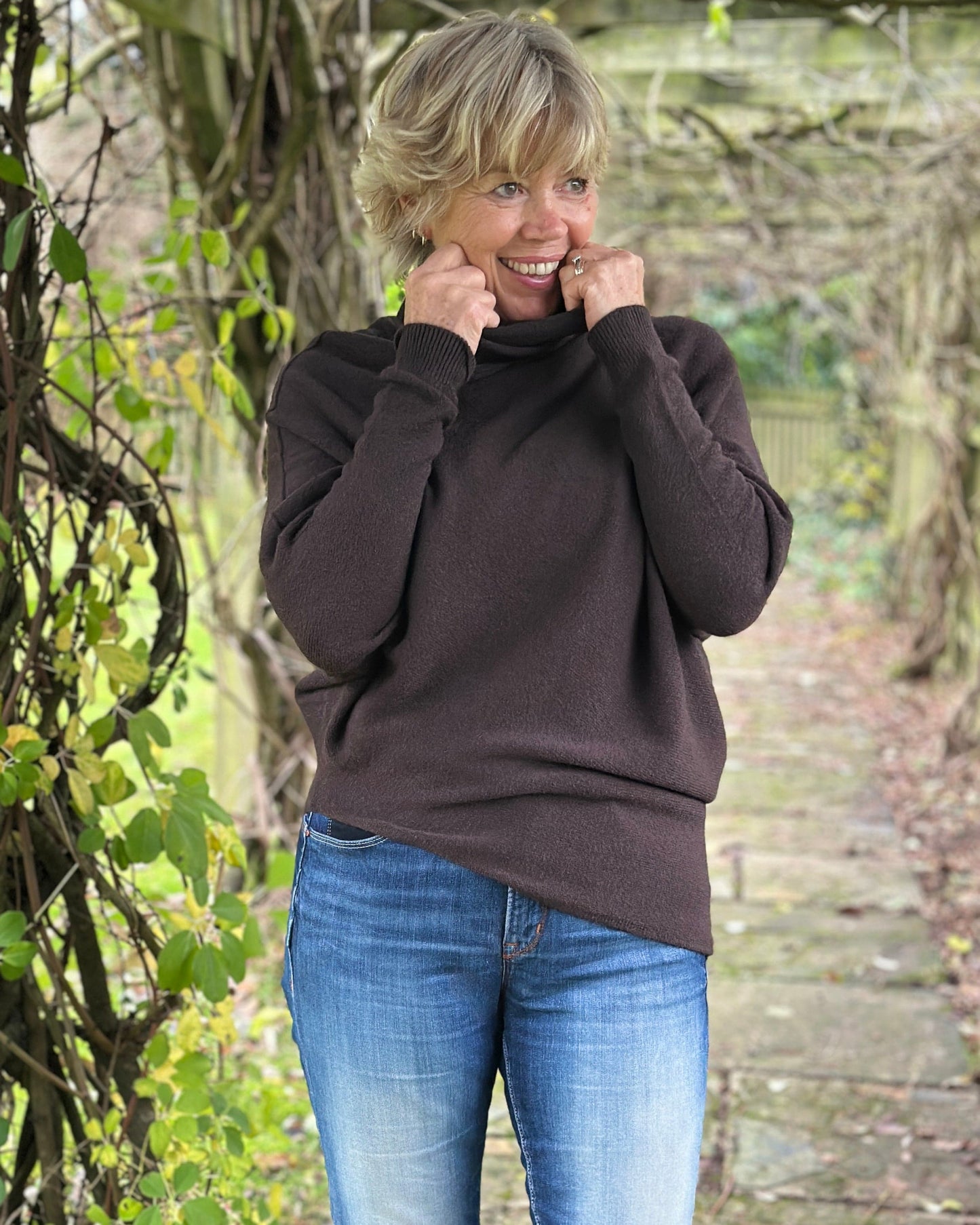 clothing Asymmetric Draped Roll Neck Jumper - Dark Chocolate