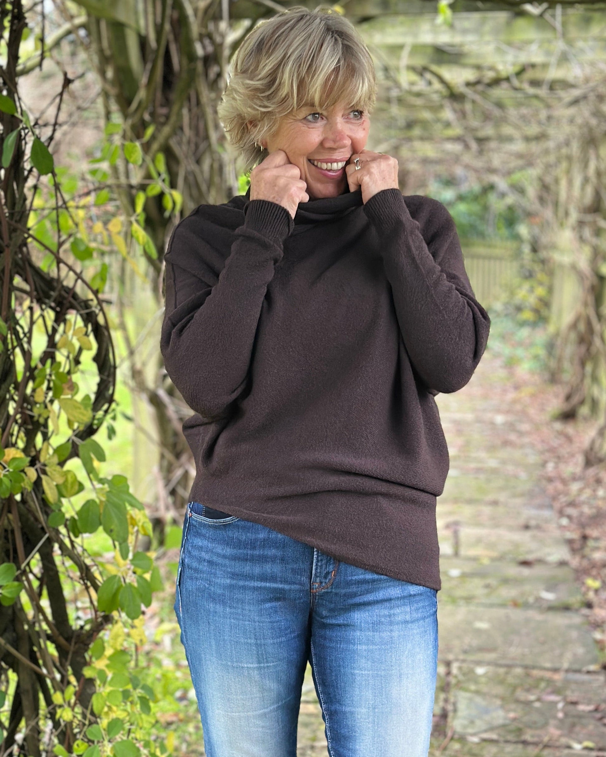 clothing Asymmetric Draped Roll Neck Jumper - Dark Chocolate
