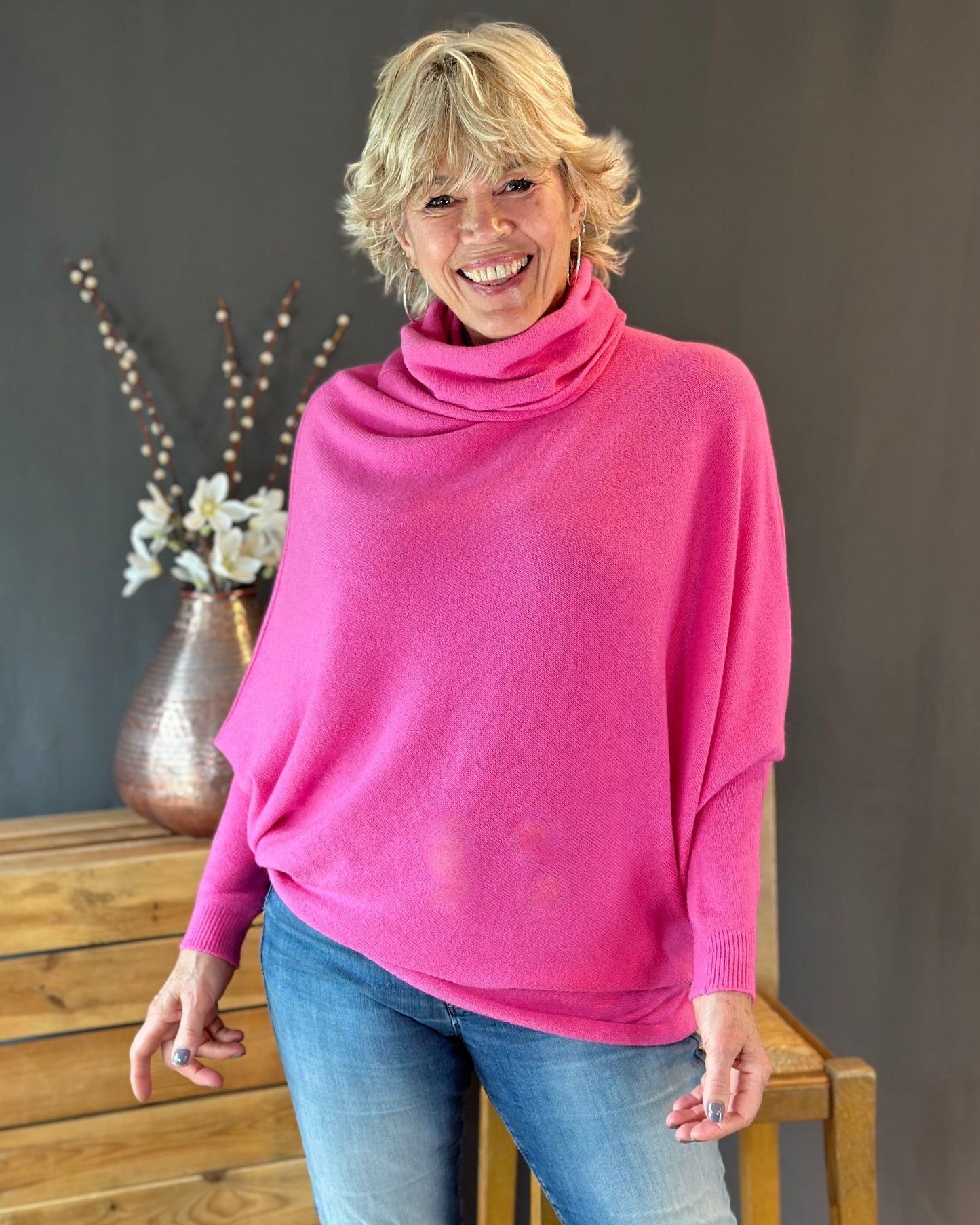 clothing Asymmetric Draped Roll Neck Jumper - Fuchsia