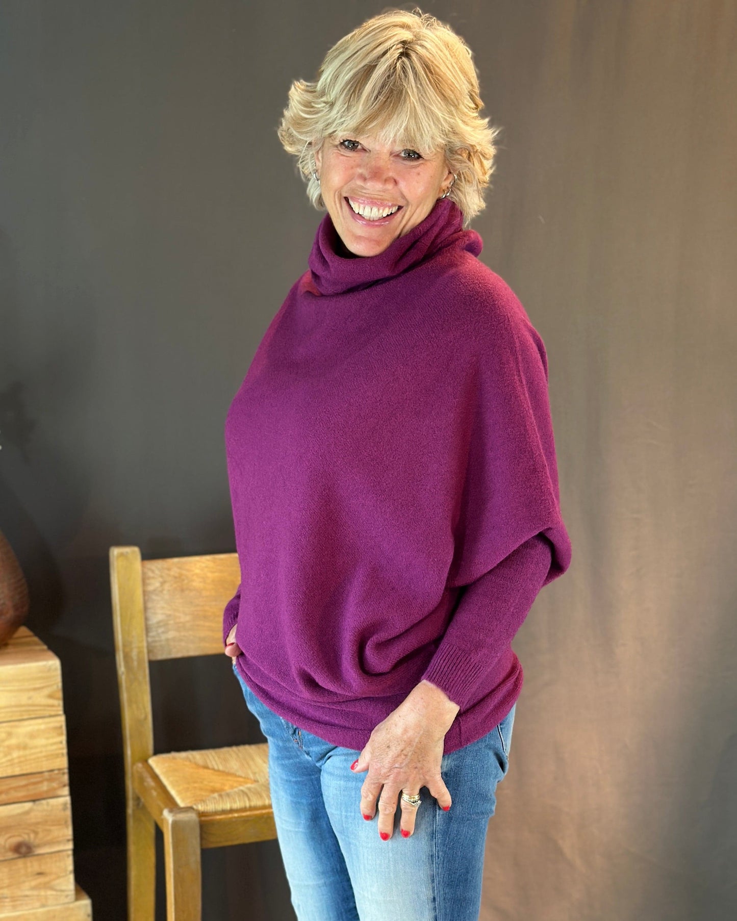 clothing Asymmetric Draped Roll Neck Jumper - Magenta
