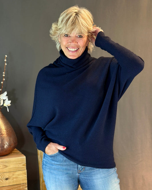 clothing Asymmetric Draped Roll Neck Jumper - Navy