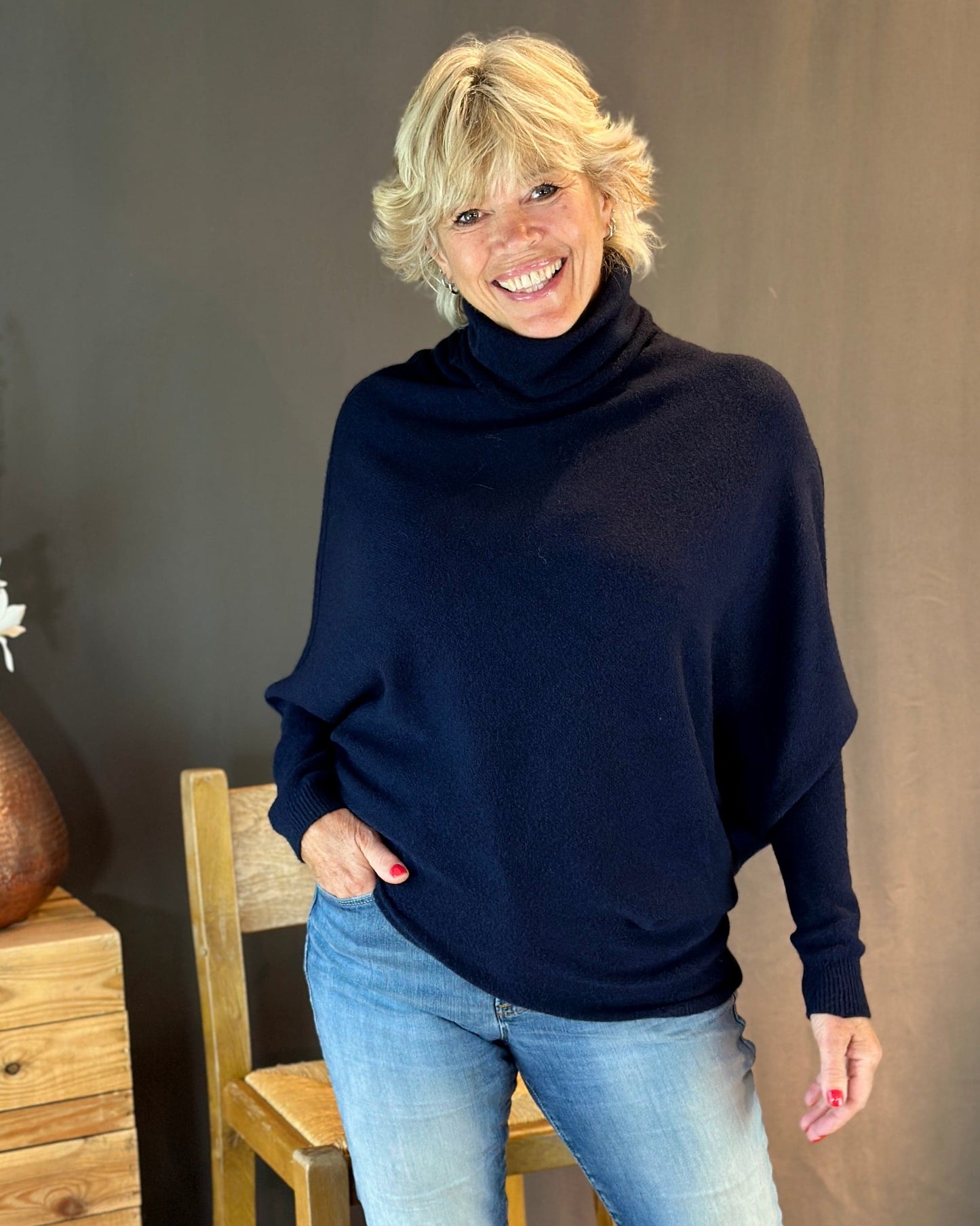 clothing Asymmetric Draped Roll Neck Jumper - Navy