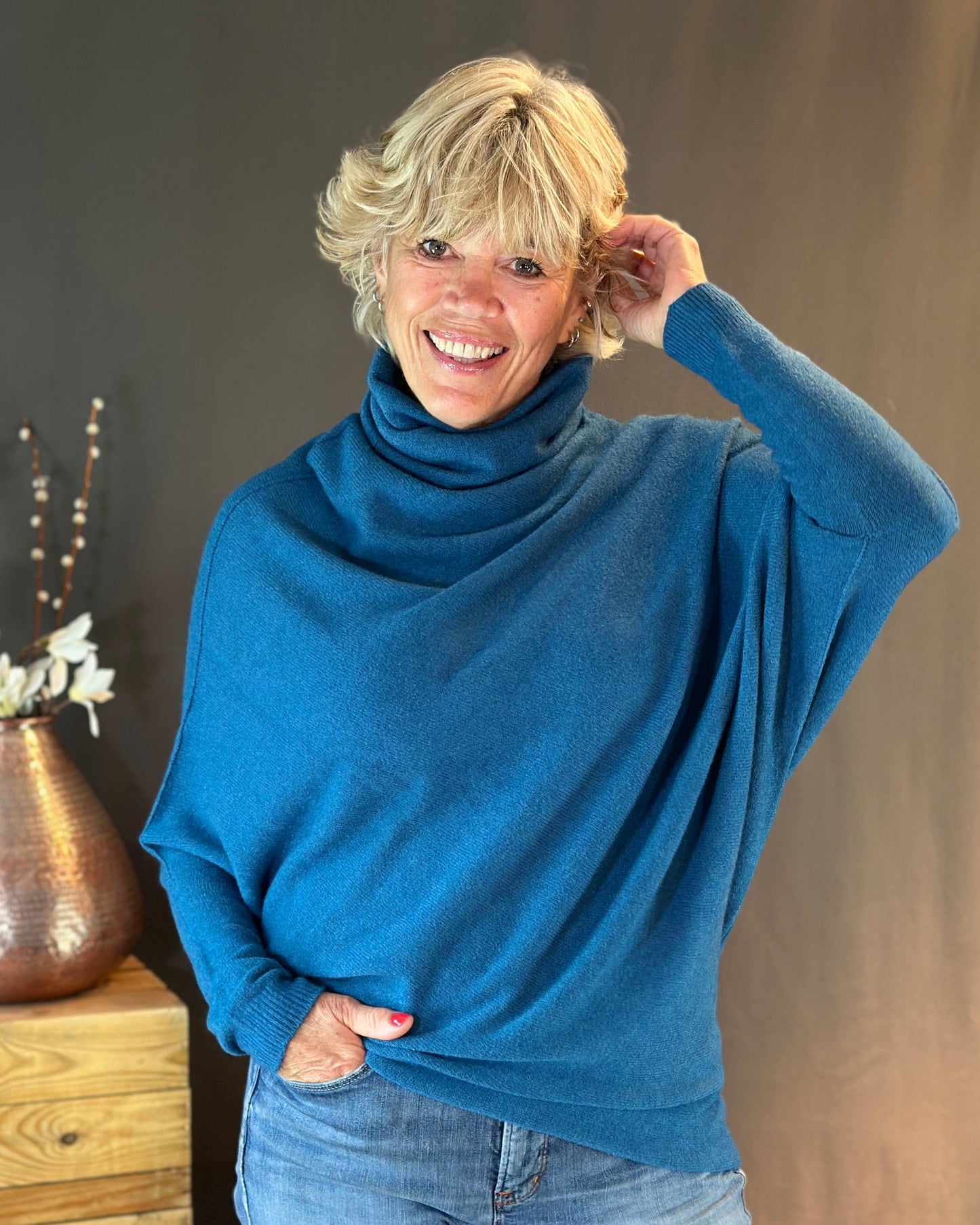 clothing Asymmetric Draped Roll Neck Jumper - Teal