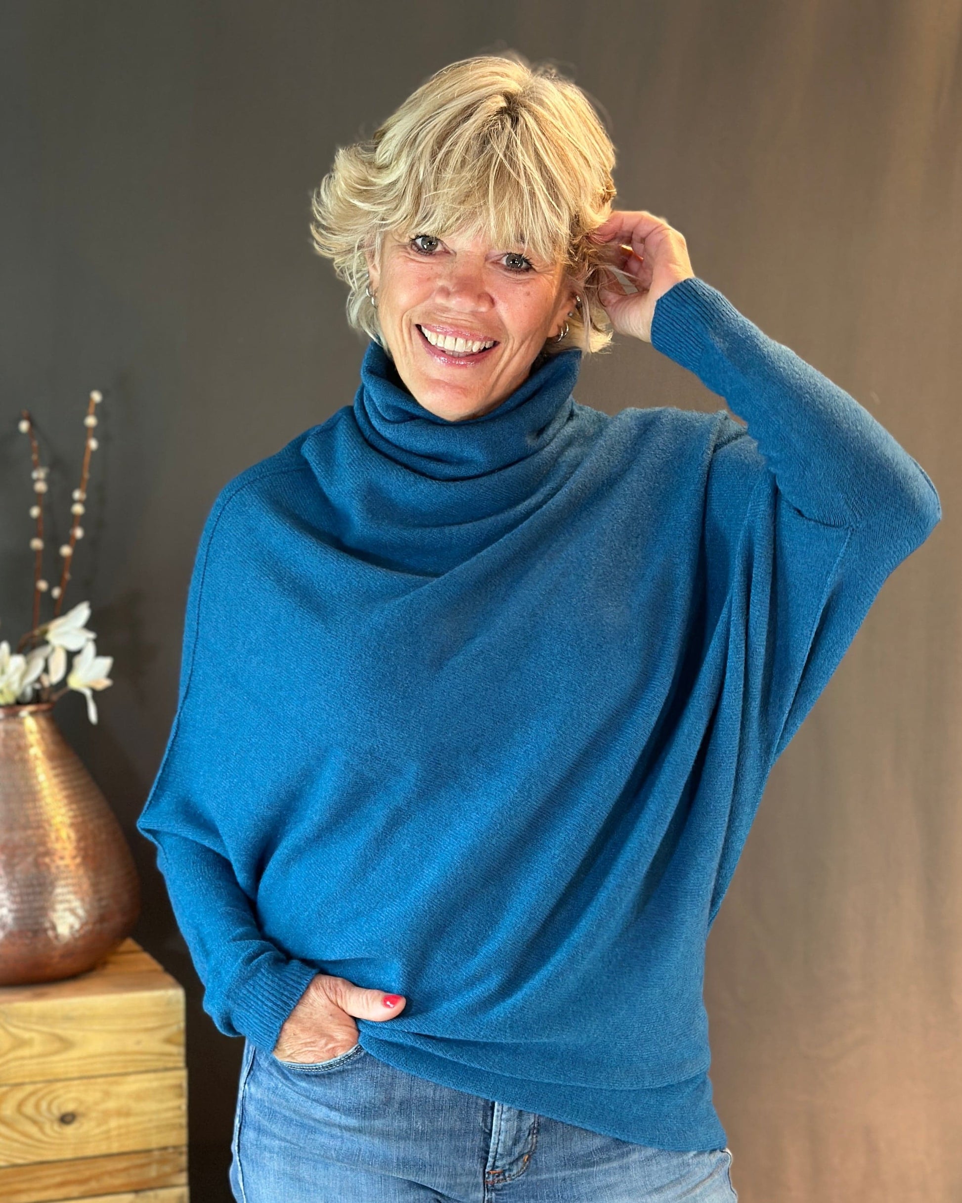 clothing Asymmetric Draped Roll Neck Jumper - Teal