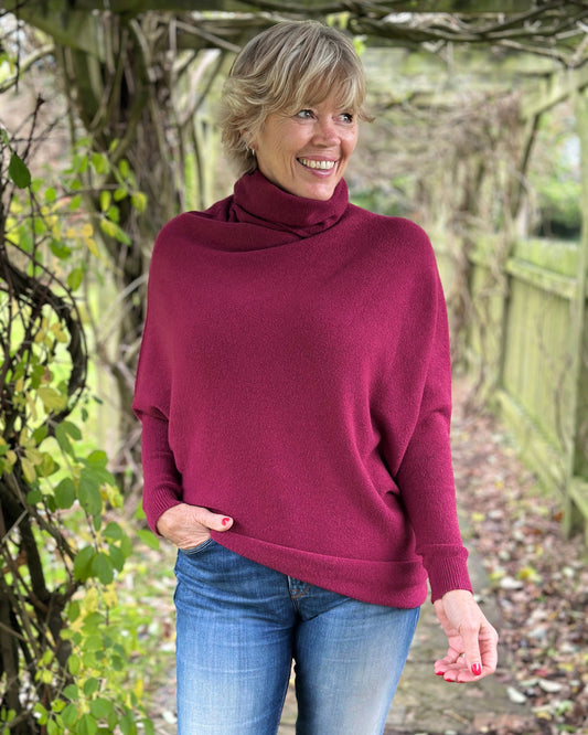 clothing Asymmetric Draped Roll Neck Jumper - Wine