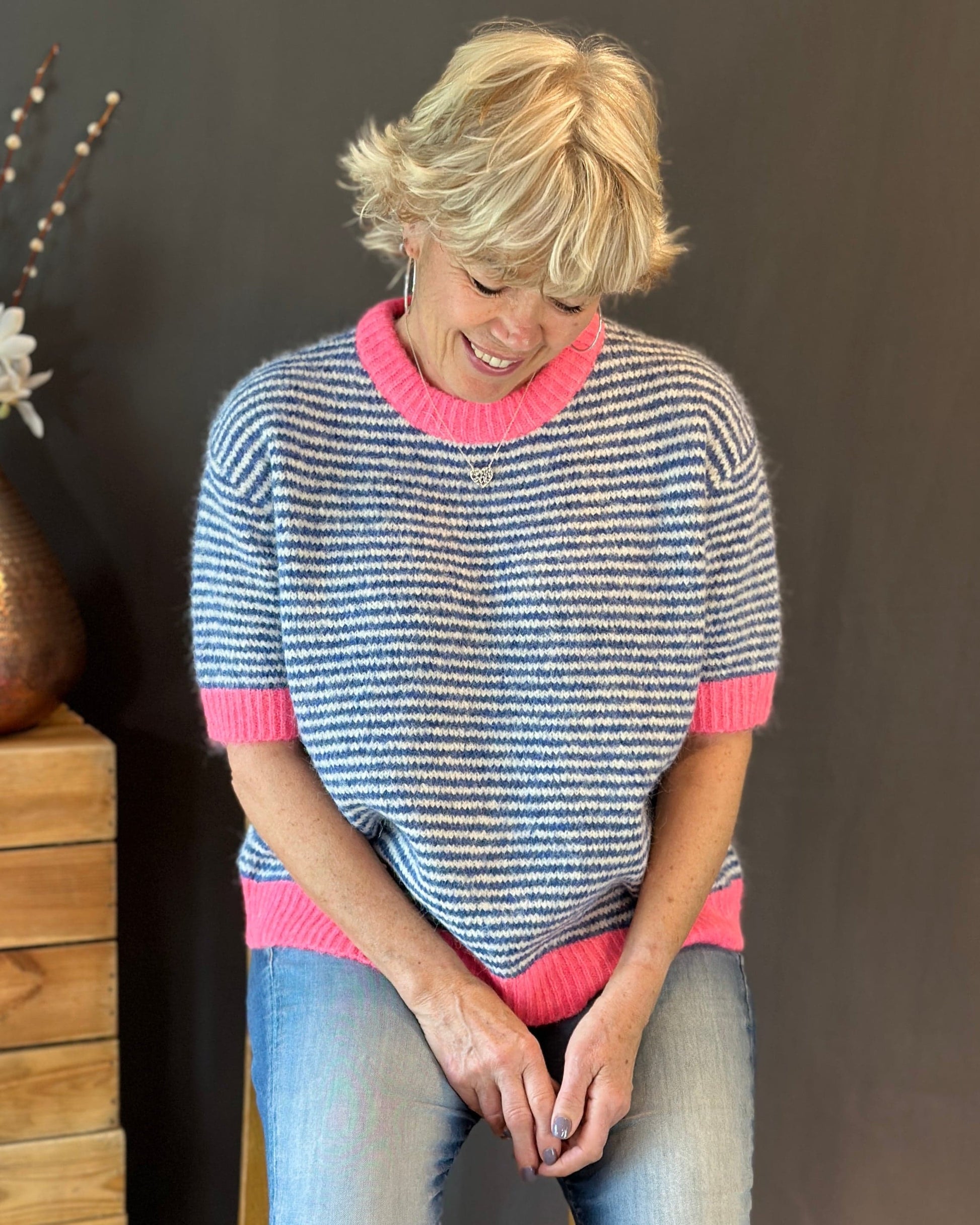 Clothing Audrey Striped Short Sleeve Jumper - Blues/Neon Pink