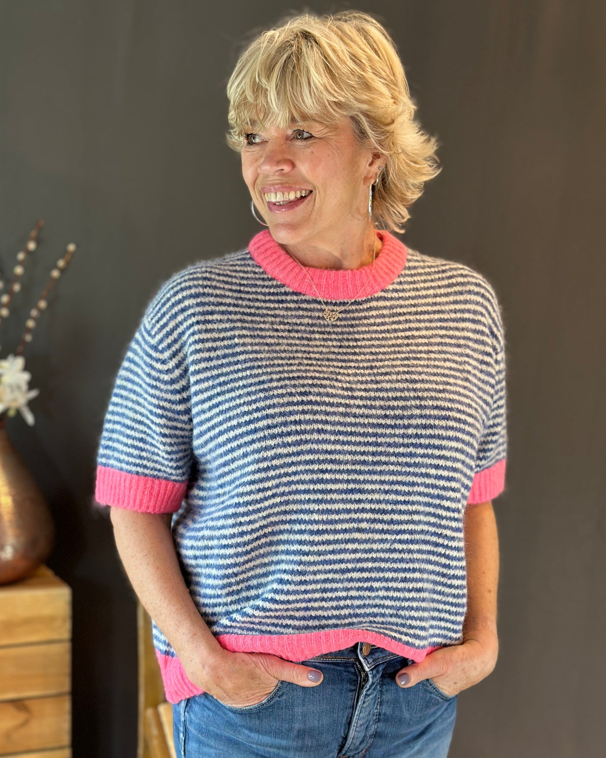 Clothing Audrey Striped Short Sleeve Jumper - Blues/Neon Pink