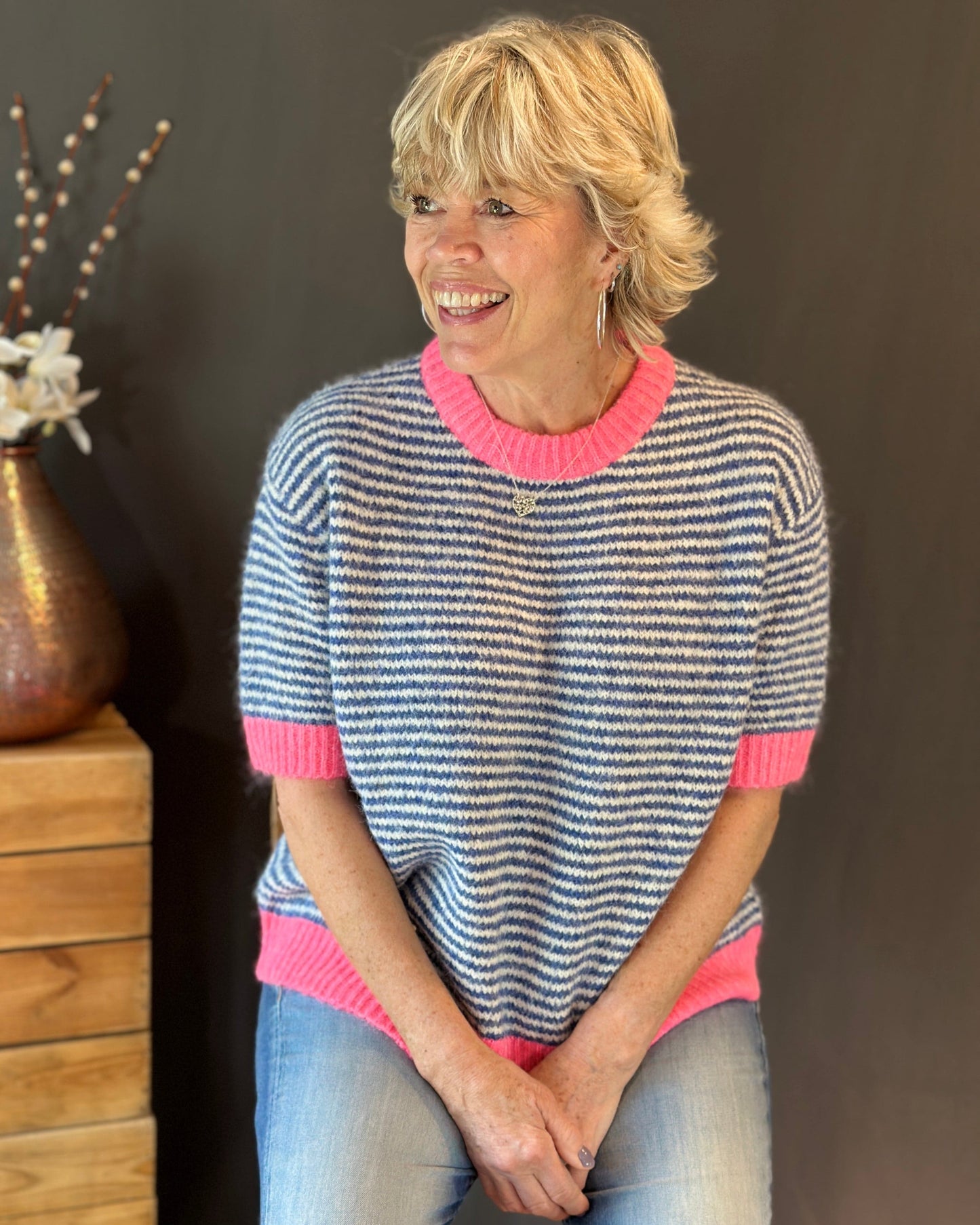 Clothing Audrey Striped Short Sleeve Jumper - Blues/Neon Pink