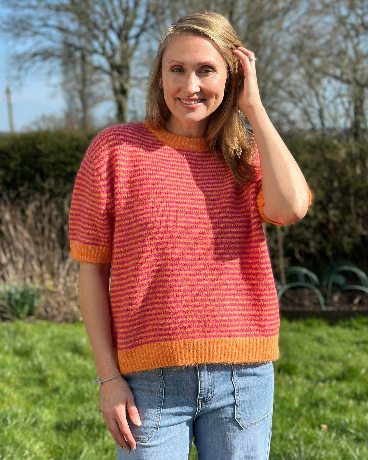 Clothing Audrey Striped Short Sleeve Jumper - Fuchsia/Orange