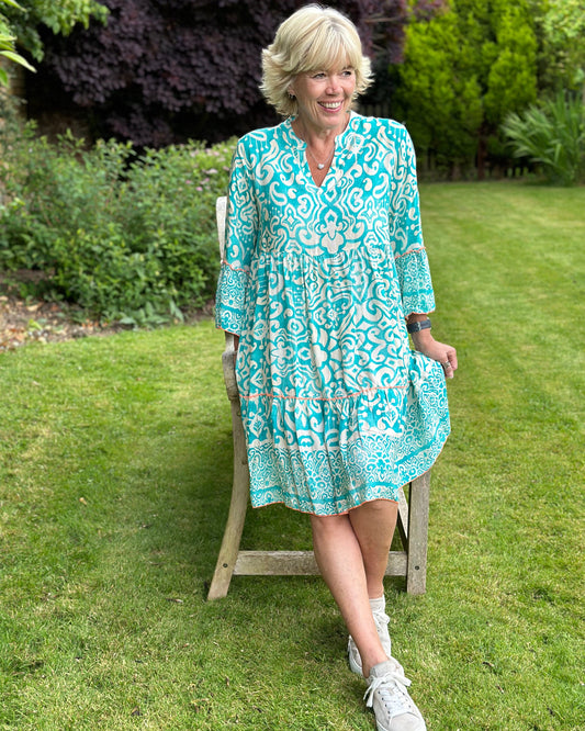 clothing Baroque Style Flower Tiered Dress - Turquoise/Cream