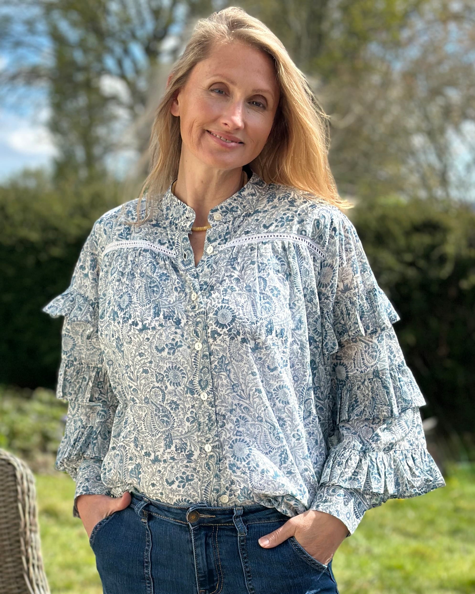 Clothing Block Print Frilled Sleeve Blouse - Blue Floral