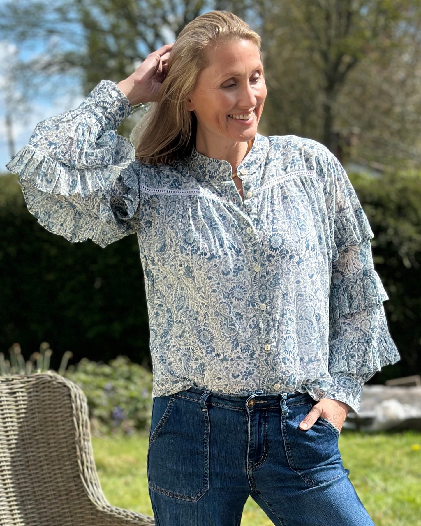 Clothing Block Print Frilled Sleeve Blouse - Blue Floral