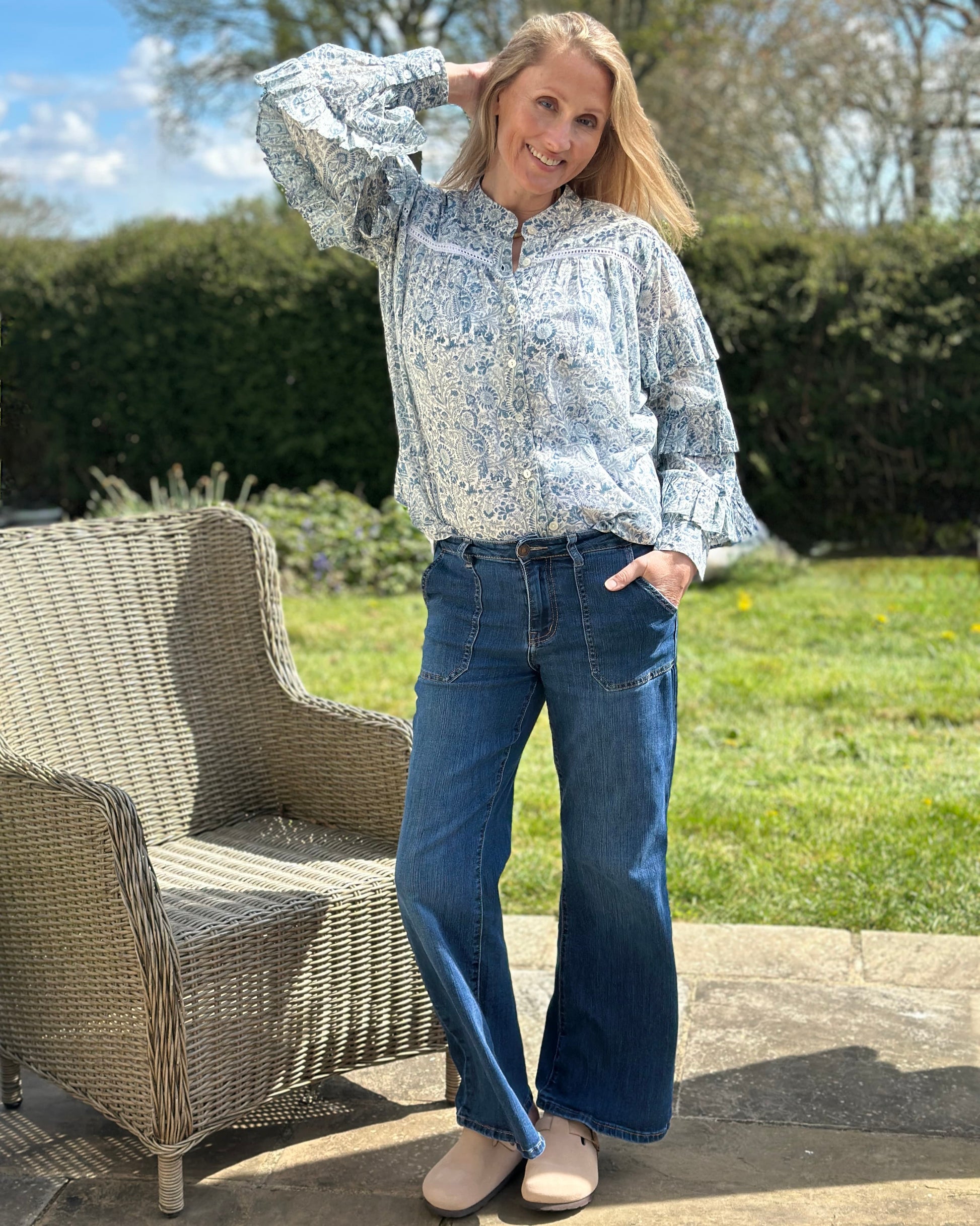 Clothing Block Print Frilled Sleeve Blouse - Blue Floral