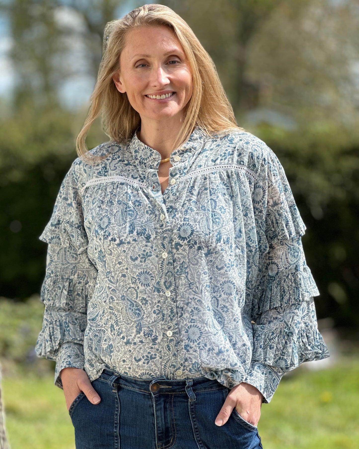 Clothing Block Print Frilled Sleeve Blouse - Blue Floral