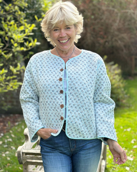 Clothing Block Print Reversible Quilted Jacket -  Pale Blue Floral