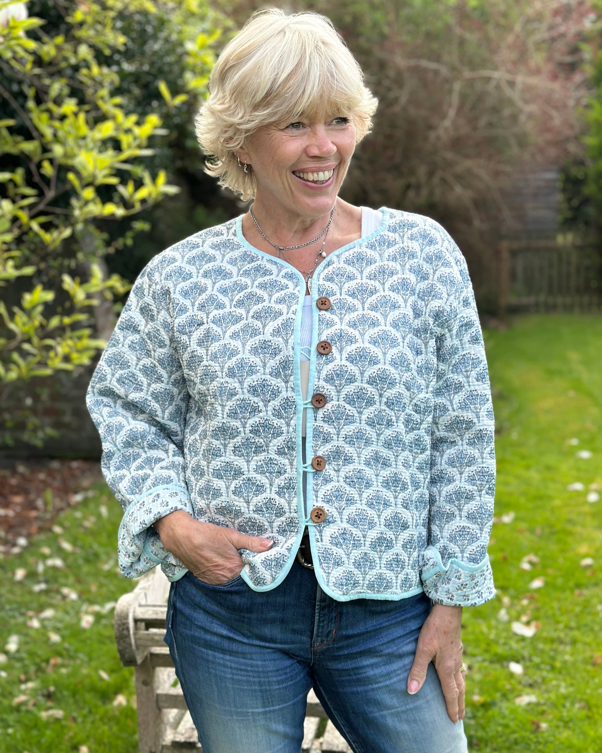 Clothing Block Print Reversible Quilted Jacket -  Pale Blue Floral