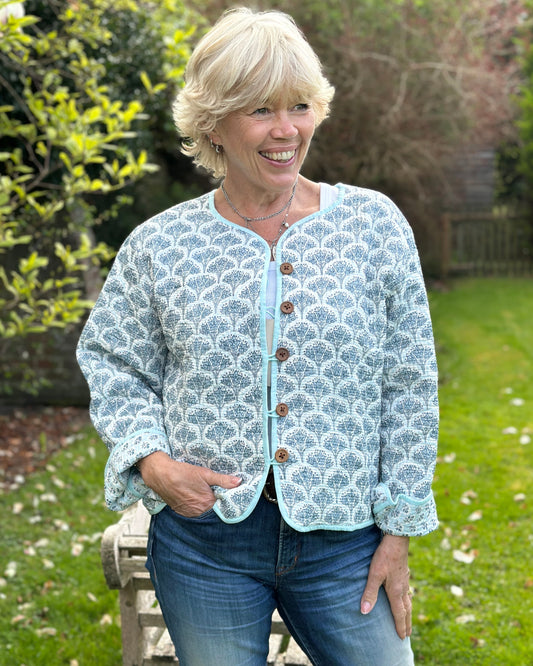 Clothing Block Print Reversible Quilted Jacket -  Pale Blue Floral