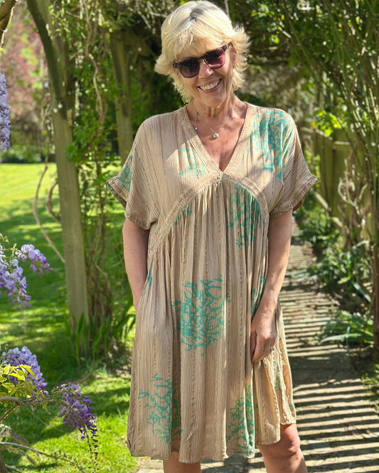 Clothing Boho Coral Dress - Taupe/Turquoise