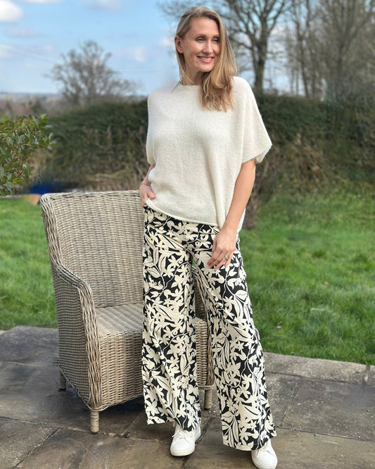 Clothing Bold Floral Pattern Wide Leg Trousers - Black/Cream