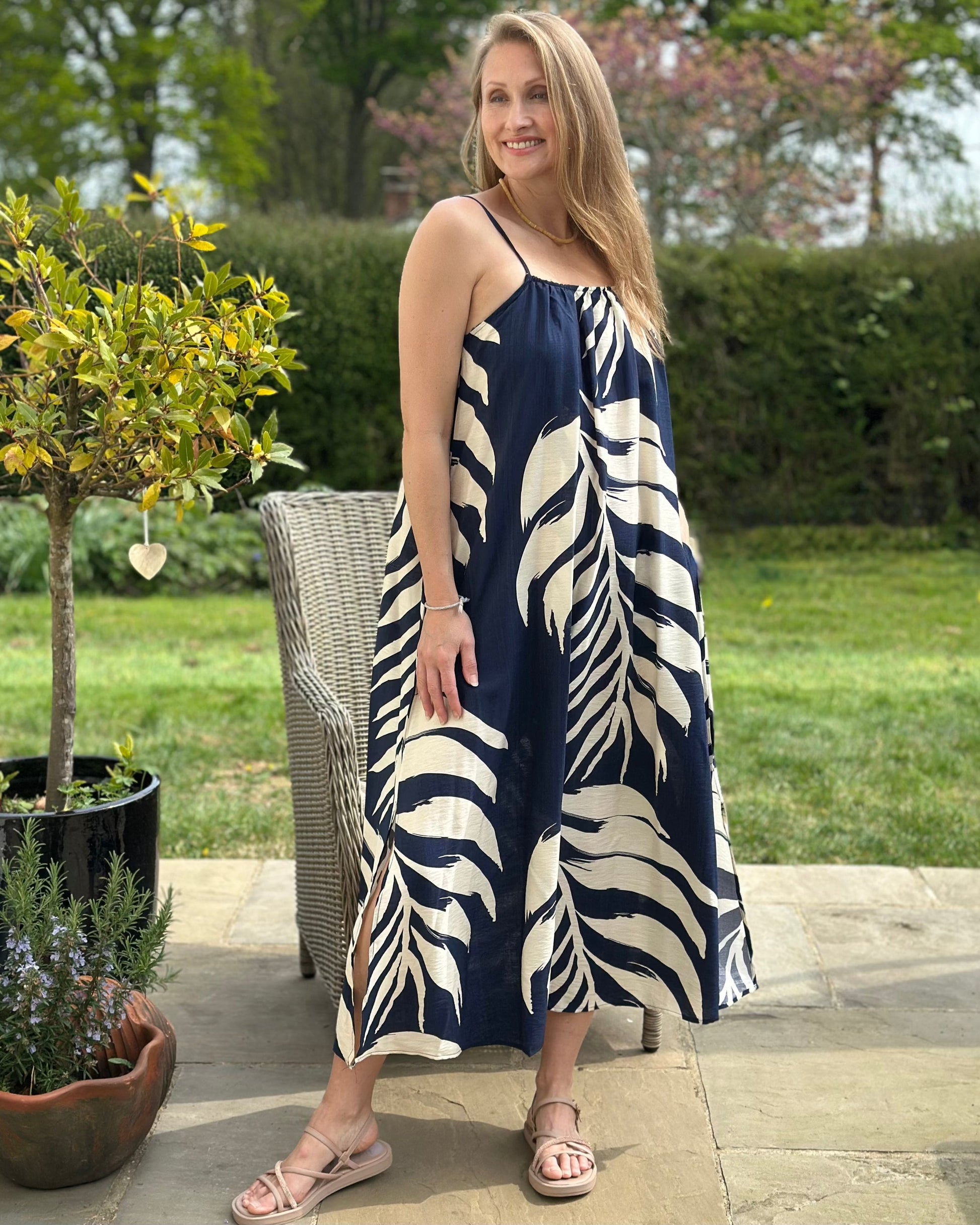Clothing Bold Leaf Print Strap Dress - Navy