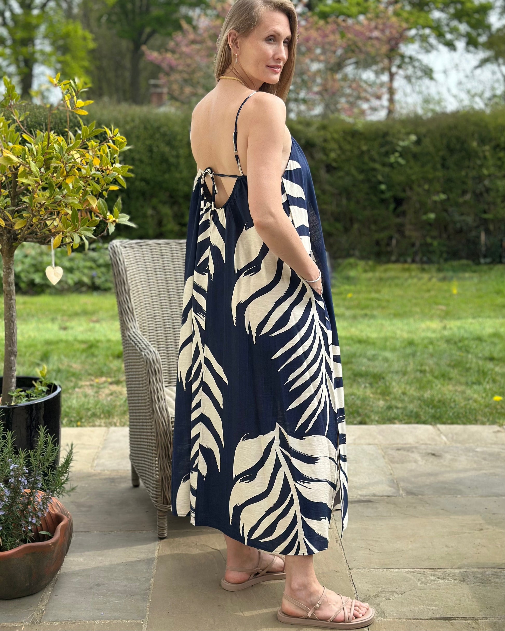 Clothing Bold Leaf Print Strap Dress - Navy
