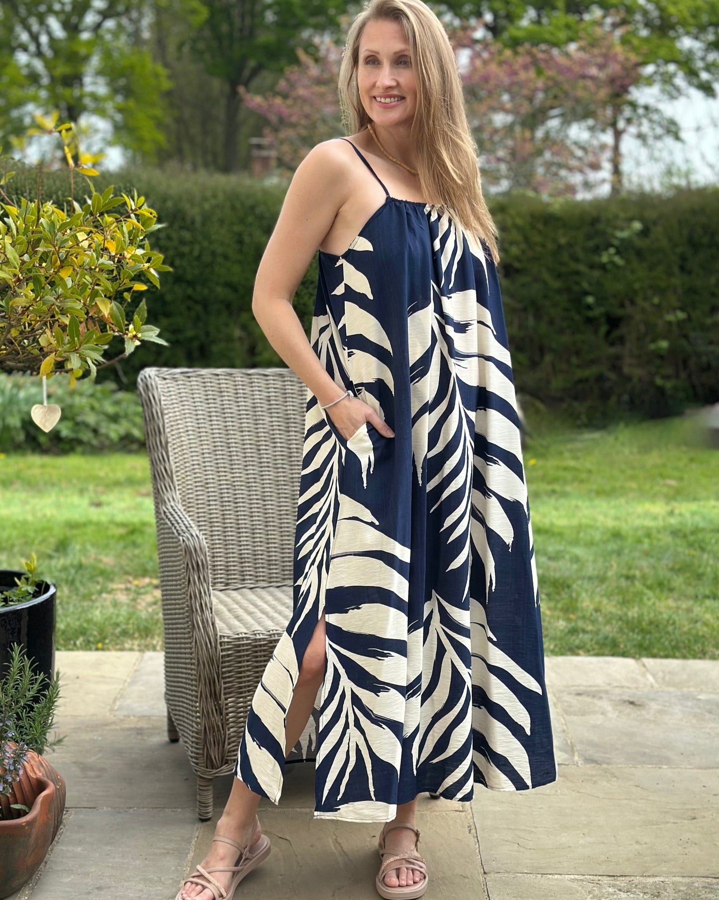 Clothing Bold Leaf Print Strap Dress - Navy
