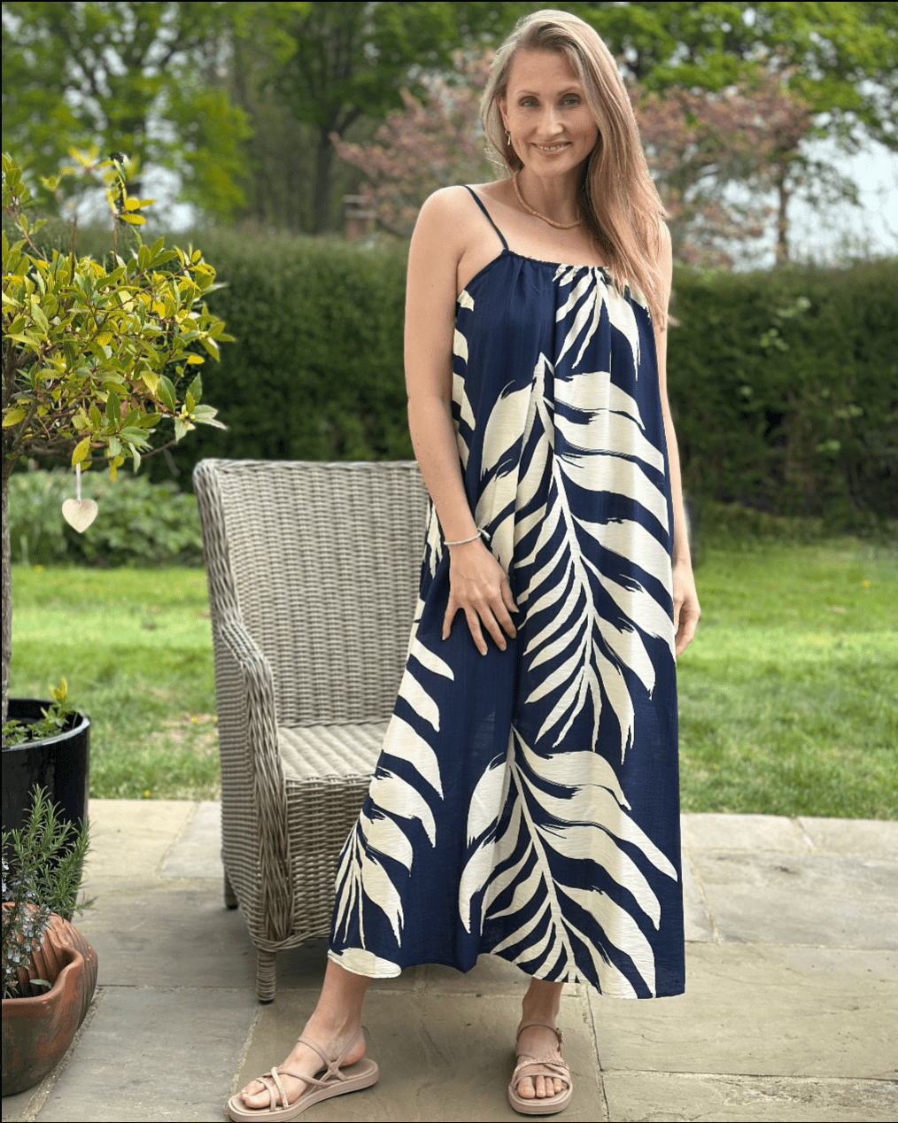 Clothing Bold Leaf Print Strap Dress - Navy