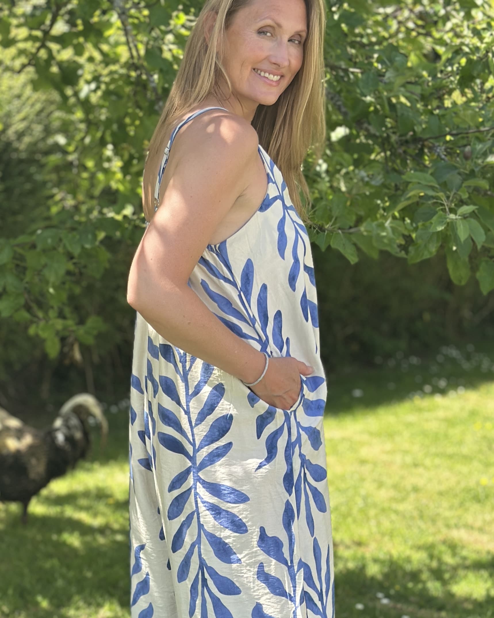 Clothing Bold Leaf Print Strap Jumpsuit - Blue/Cream