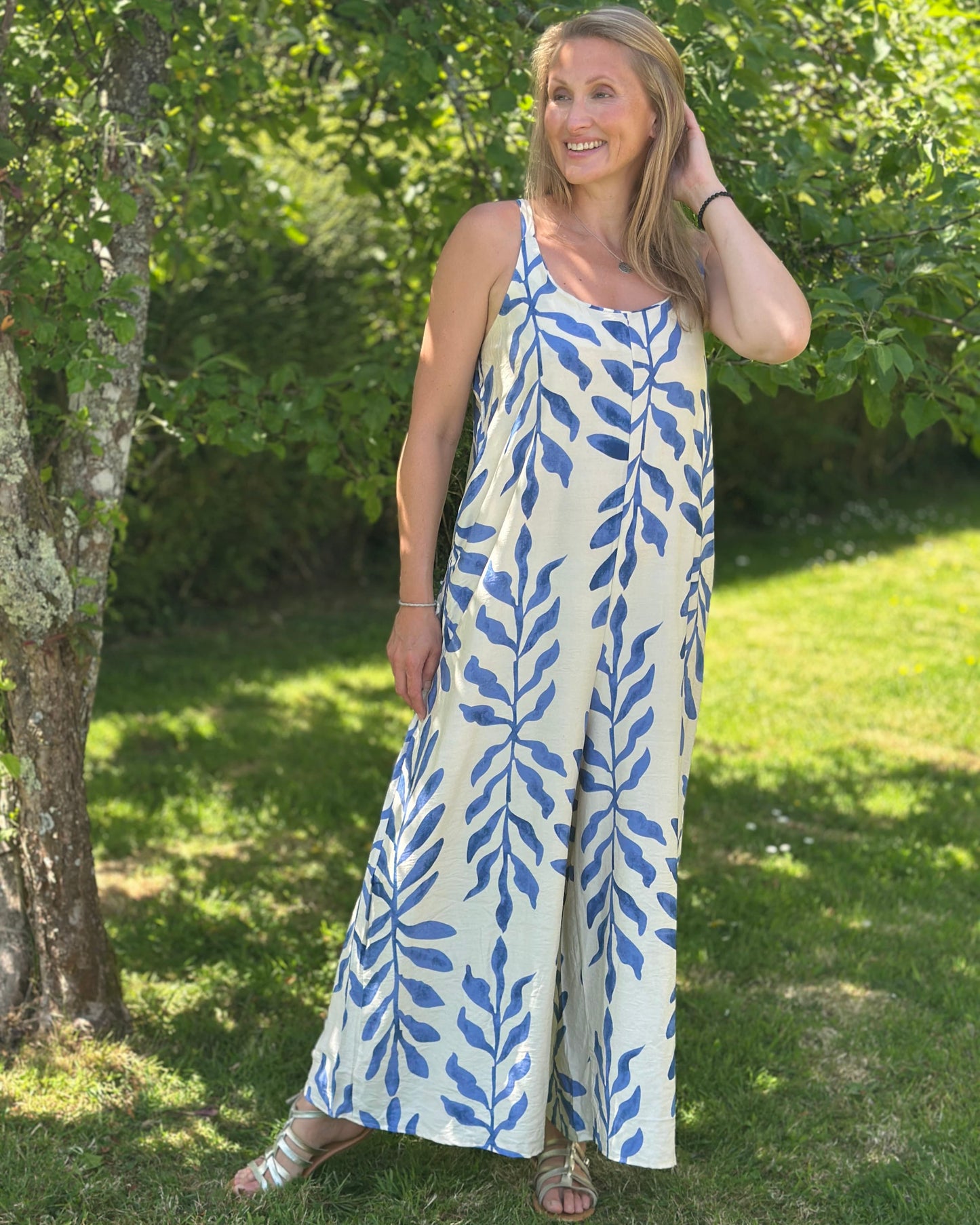 Clothing Bold Leaf Print Strap Jumpsuit - Blue/Cream