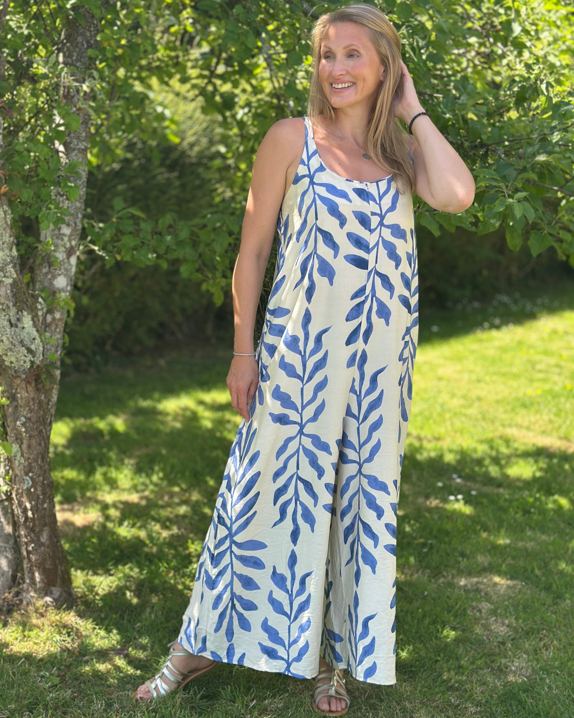 Clothing Bold Leaf Print Strap Jumpsuit - Blue/Cream