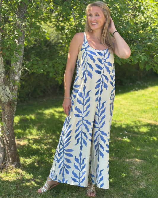 Clothing Bold Leaf Print Strap Jumpsuit - Blue/Cream