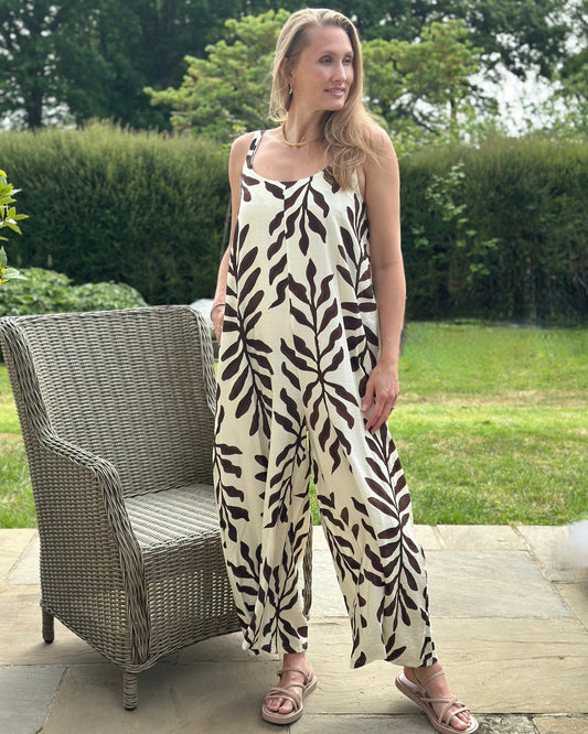 Clothing Bold Leaf Print Strap Jumpsuit - Chocolate