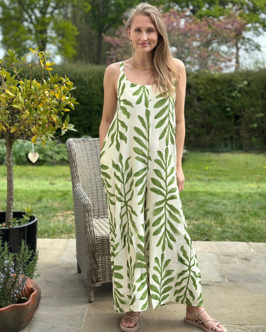 Clothing Bold Leaf Print Strap Jumpsuit - Green/Cream